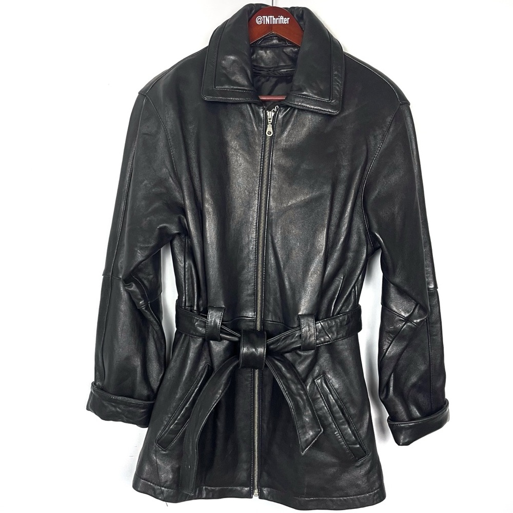 Tibor Vintage 100% Leather Belted Moto Jacket Black Thermolite Lining Sz XS Y2K